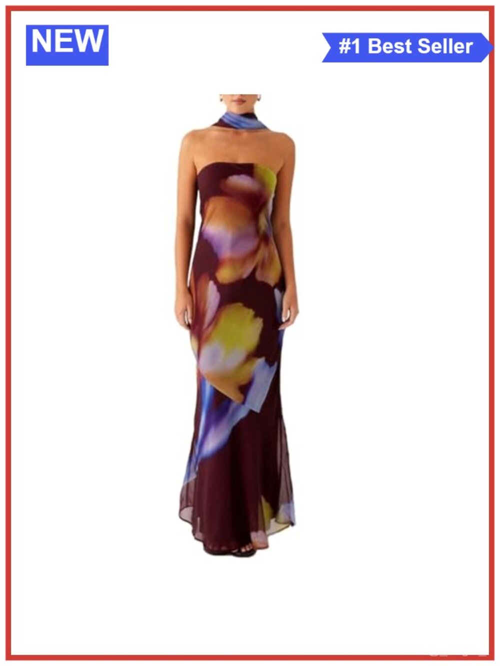 Strapless Floral Maxi Dress with Sheer Mesh Overlay and Matching Scarf